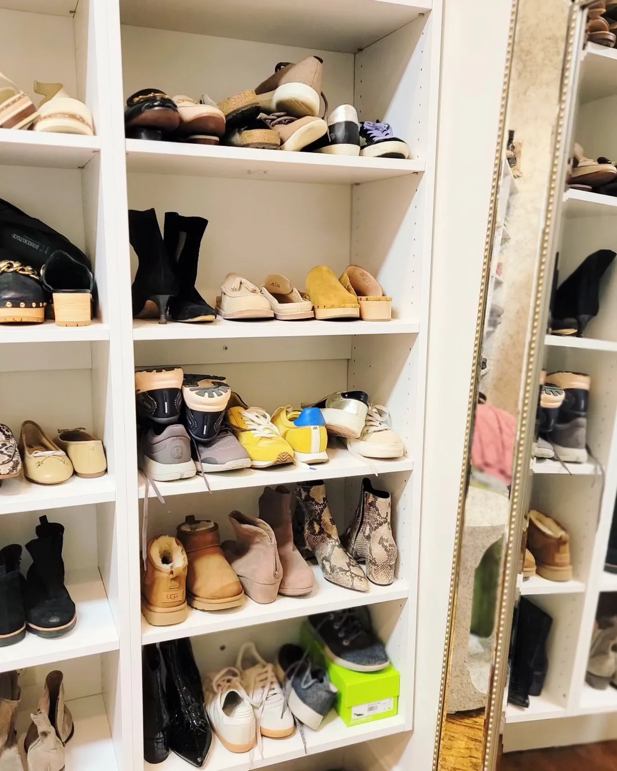 Walk-in closet shoe storage with mirror
