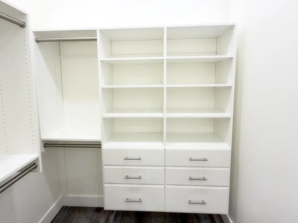 Walk-in closet with built-in drawers and adjustable shelves
